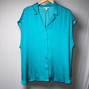 Nine West Womens Plus 2X Teal Blue Sleeveless Button Down Blouse Satin Sheen Top